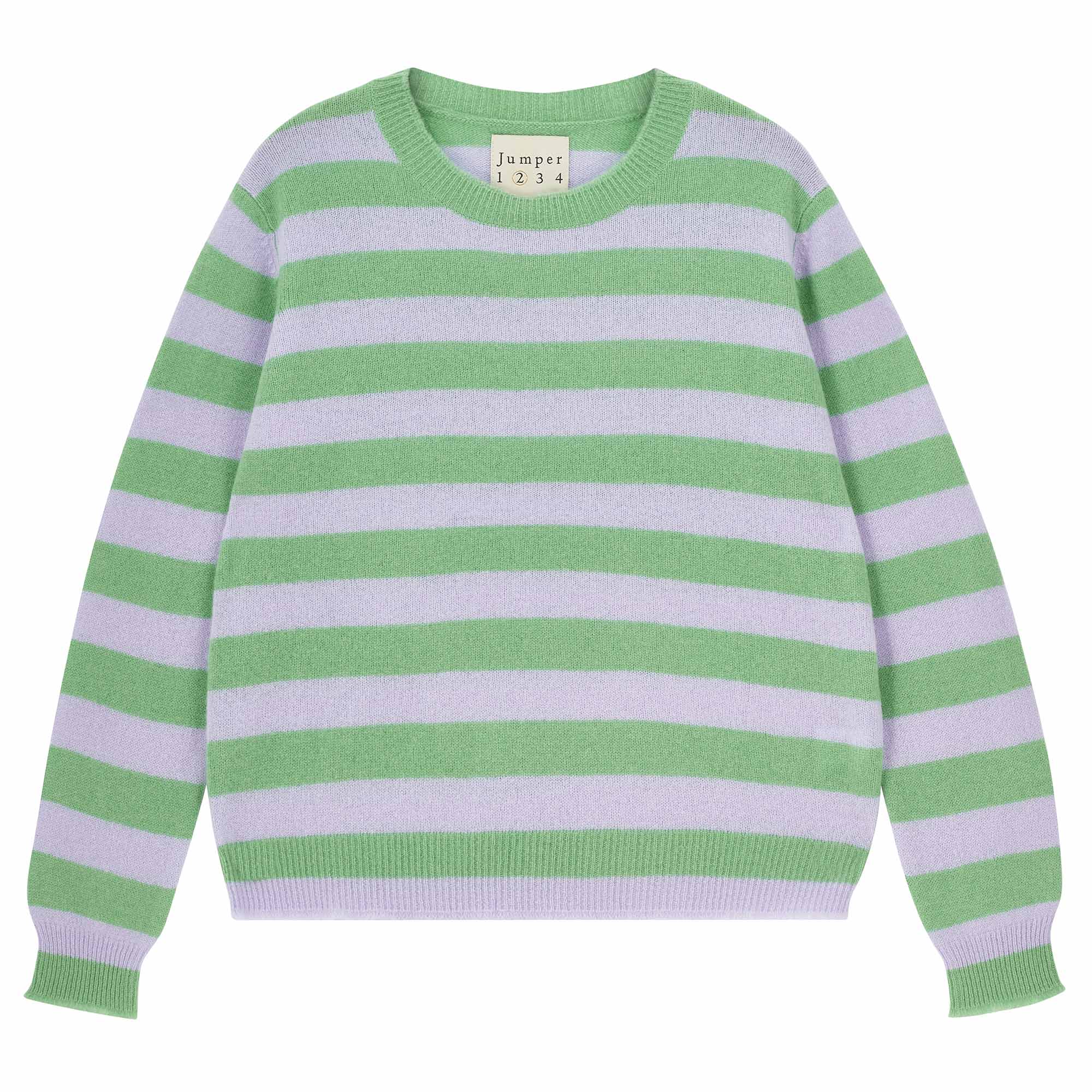 Jumper 1234 cashmere jumper. Green and lilac stripe cashmere crew neck jumper, with distressed rib