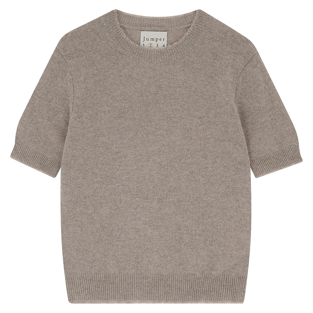 Jumper 1234 Organic light brown short sleeve cashmere jumper with 'distressed' ribs