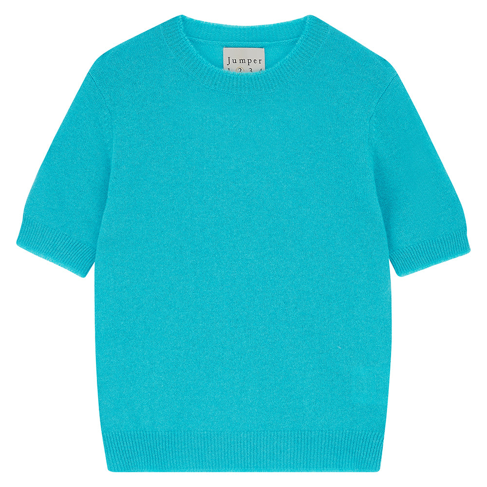 Jumper 1234 Turquoise short sleeve cashmere jumper with 'distressed' ribs.