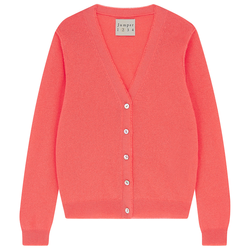 Jumper 1234 Coral cashmere vee neck cardigan with 'distressed' ribs.