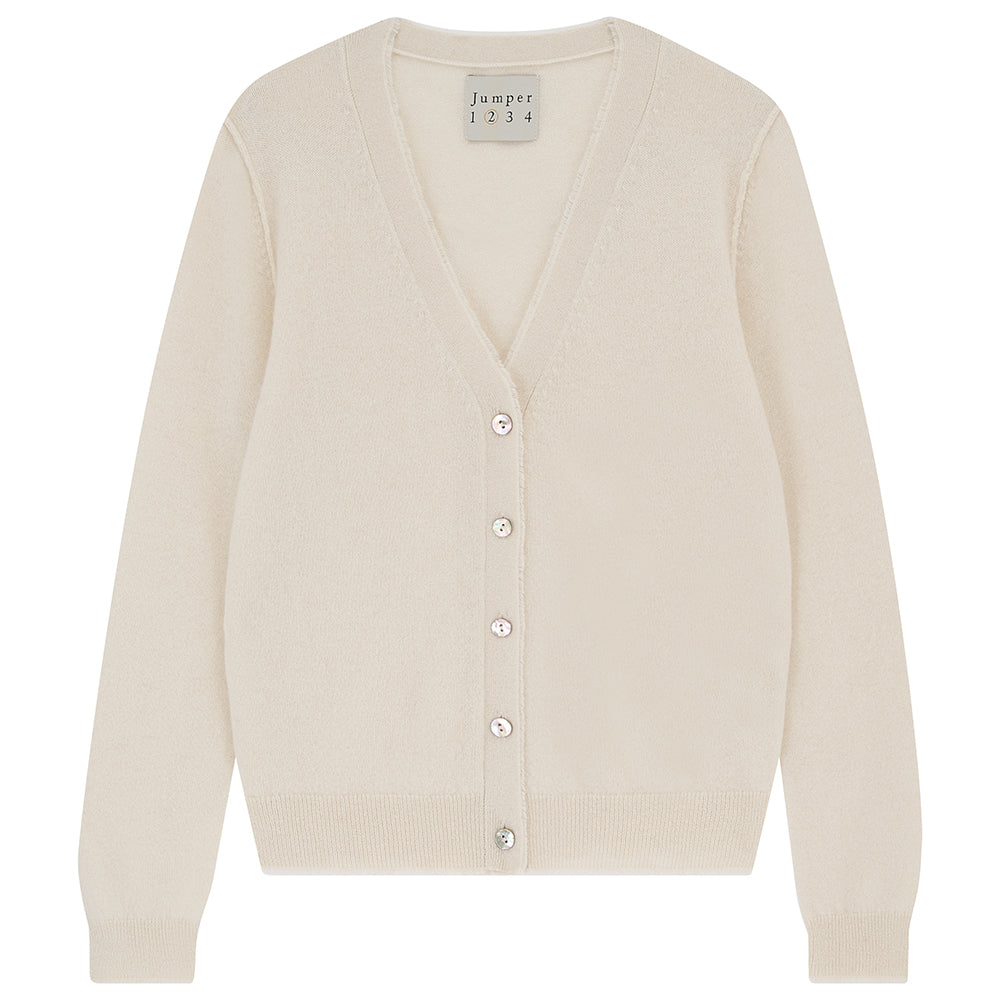Jumper 1234 Oatmeal cashmere vee neck cardigan with 'distressed' ribs.