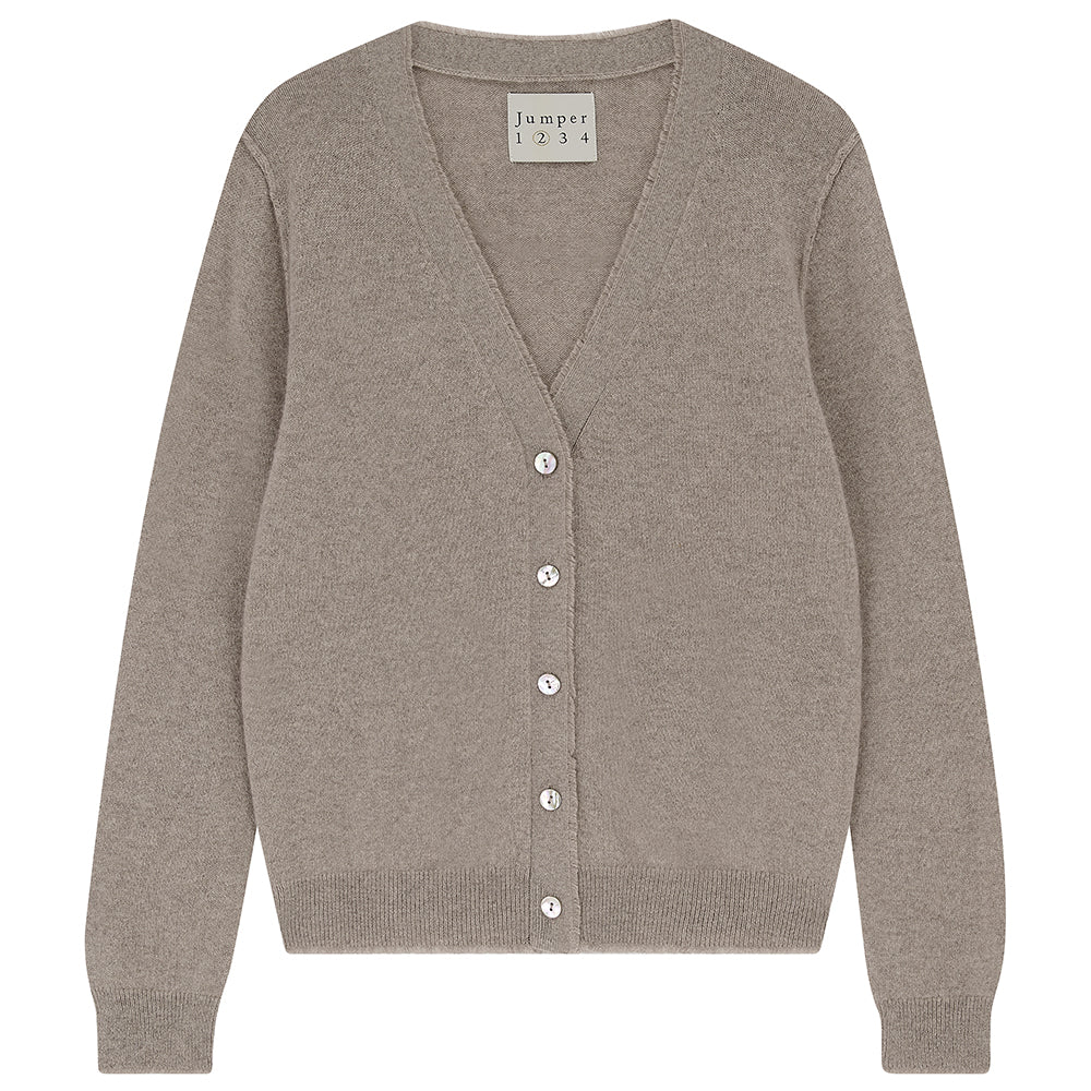 Jumper 1234 Organic light brown cashmere vee neck cardigan with 'distressed' ribs.