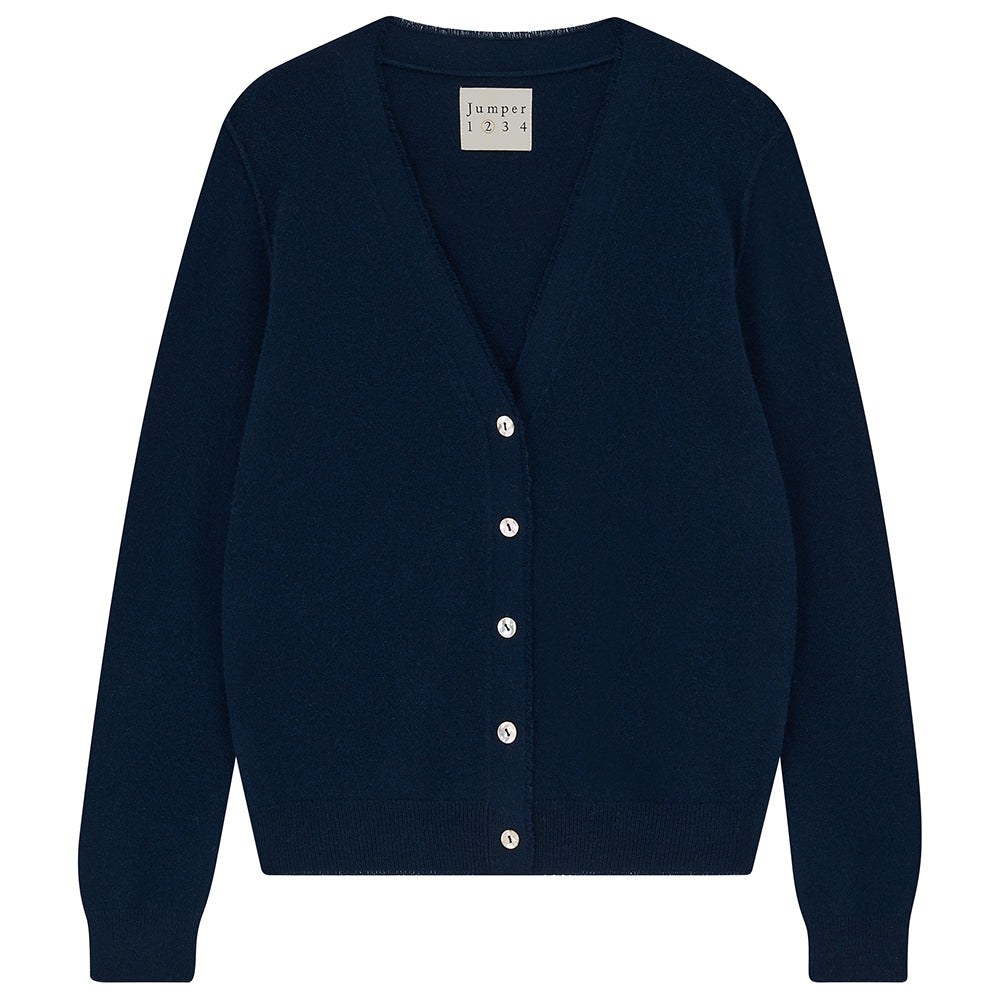 Jumper 1234 Navy cashmere vee neck cardigan with 'distressed' ribs.