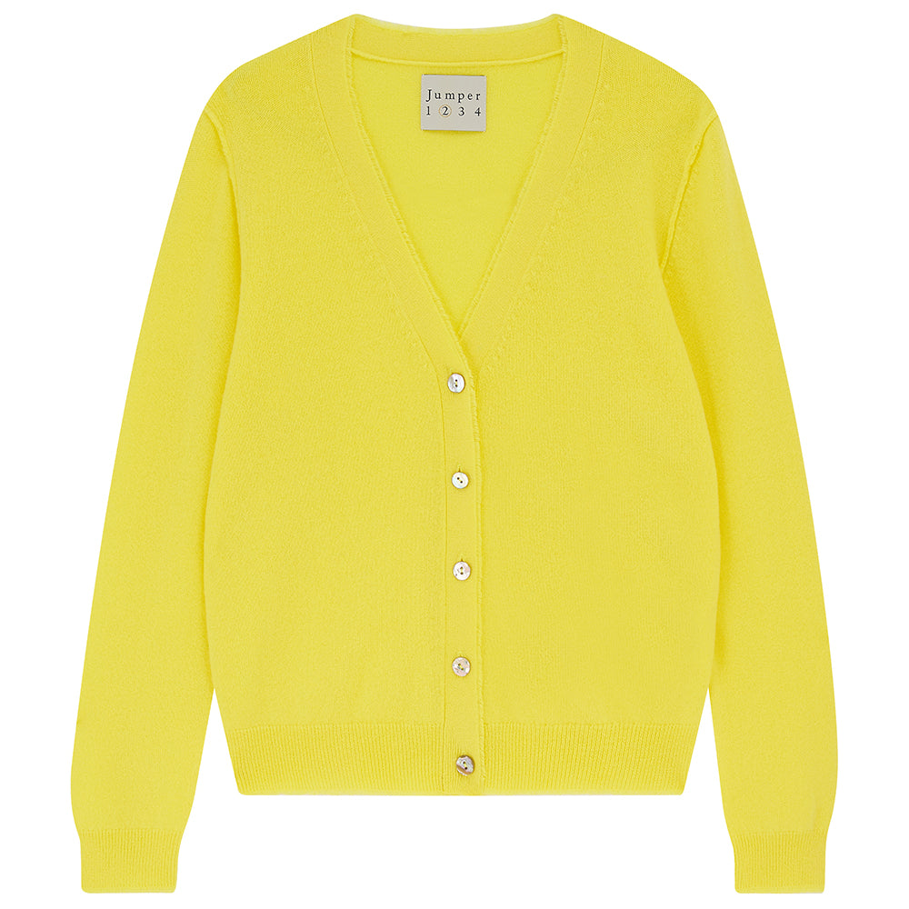 Jumper 1234 Yellow cashmere vee neck cardigan with 'distressed' ribs
