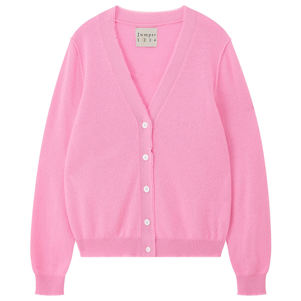 Jumper 1234 Pink cashmere vee neck cardigan with 'distressed' ribs.