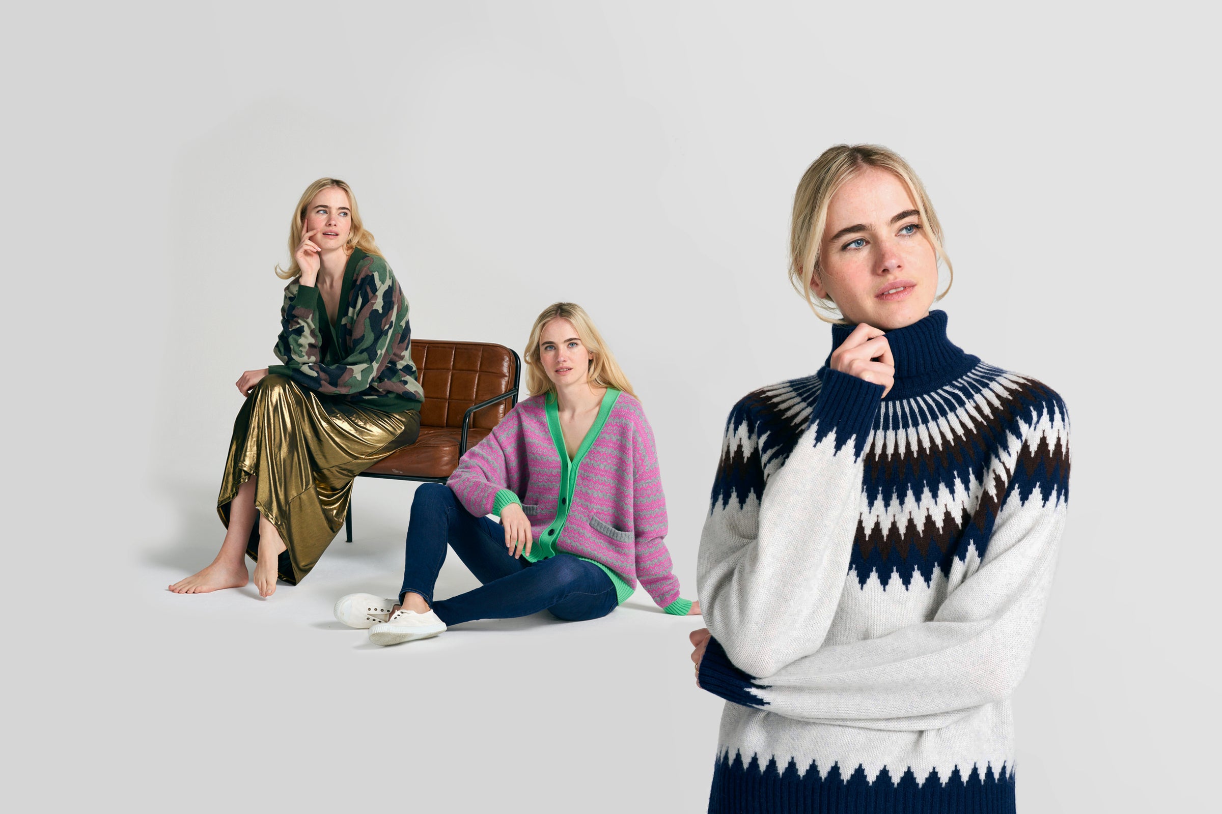 Model sitting in 3 poses in 3 Jumper 1234 Cashmere cardigans and matching outfits