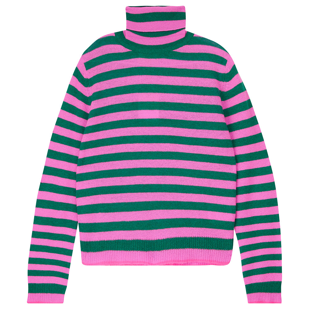 Jumper 1234 grass green and peony stripe cashmere roll neck with contrast hot pink ribs