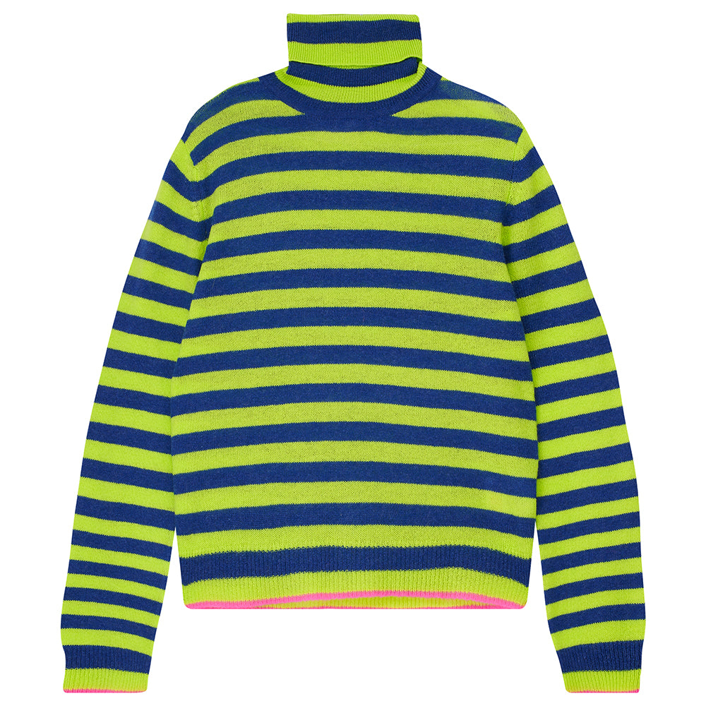 Jumper1234 little stripe cashmere roll collar in acid green and denim with hot pink tipping