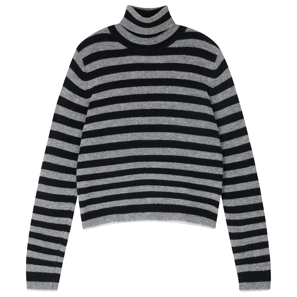 Jumper1234 little stripe cashmere roll collar in black and mid grey with marble tipping
