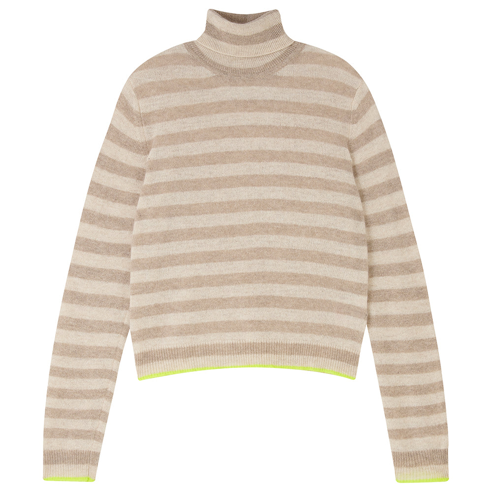 Jumper1234 little stripe cashmere roll collar in organic light brown and buff with neon yellow tipping
