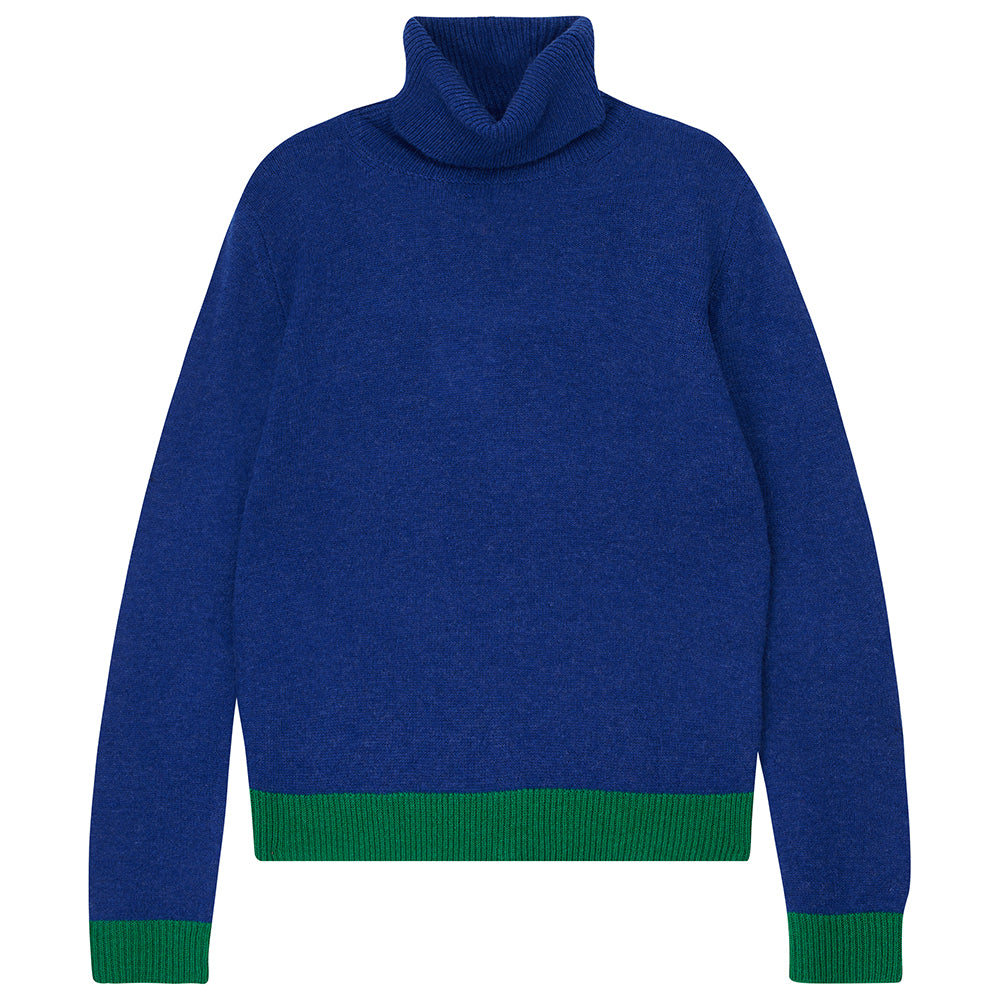 Jumper1234 blue cashmere roll collar with contrasting grass green ribs