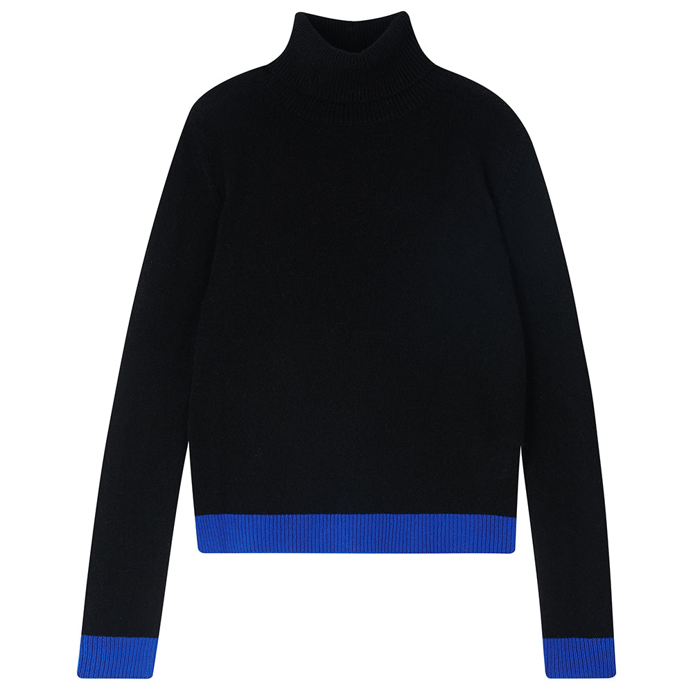 Jumper 1234 black cashmere roll neck with contrast bright blue ribs