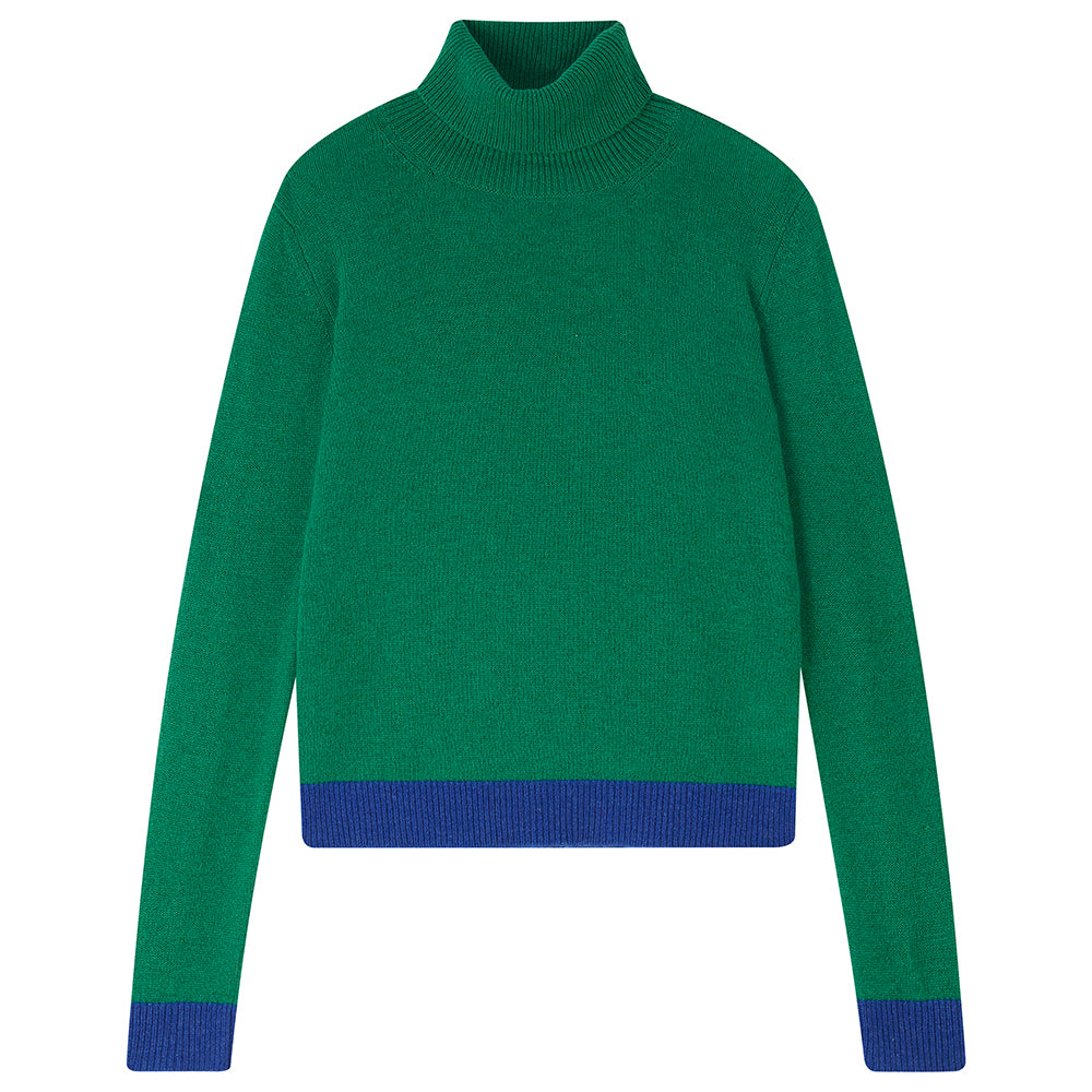 Jumper 1234 grass green cashmere roll neck with contrast denim ribs
