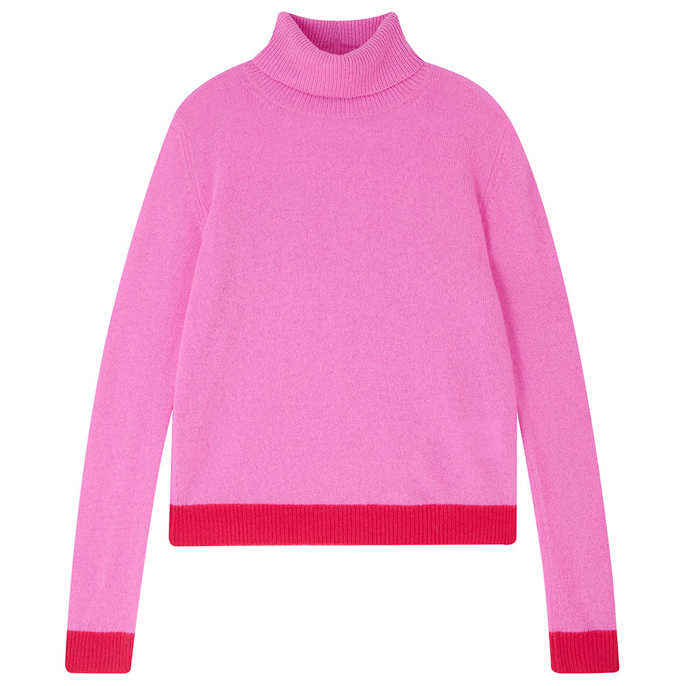 Jumper 1234 peony pink cashmere roll neck with contrast cherry ribs.