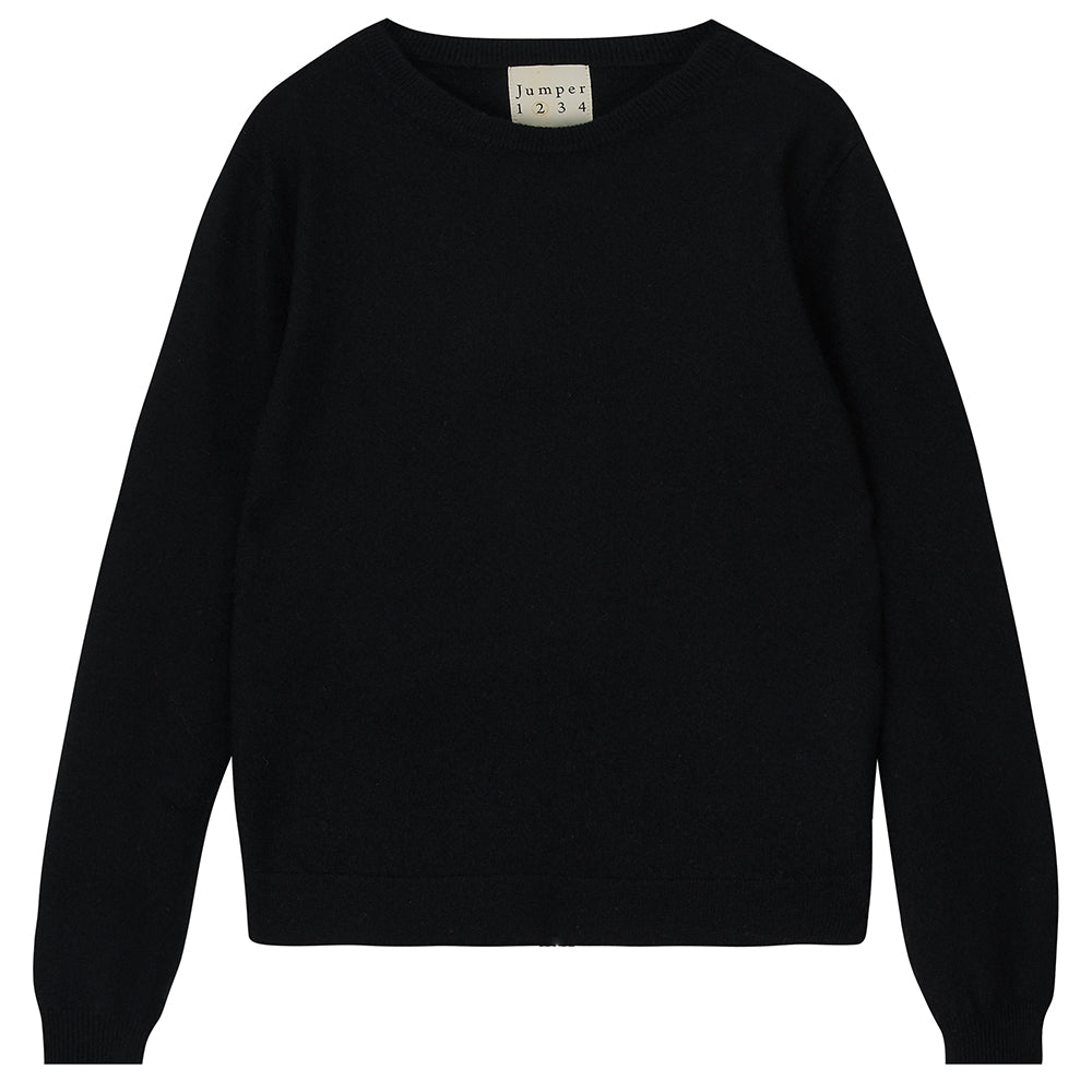 Jumper1234 black cashmere crew neck with mid grey heart patch details on the elbows