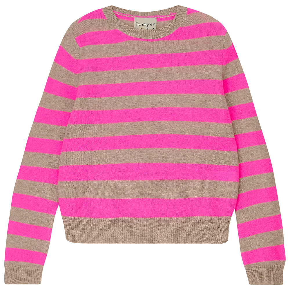 Jumper1234 stripe cashmere crew in light brown and hot pink