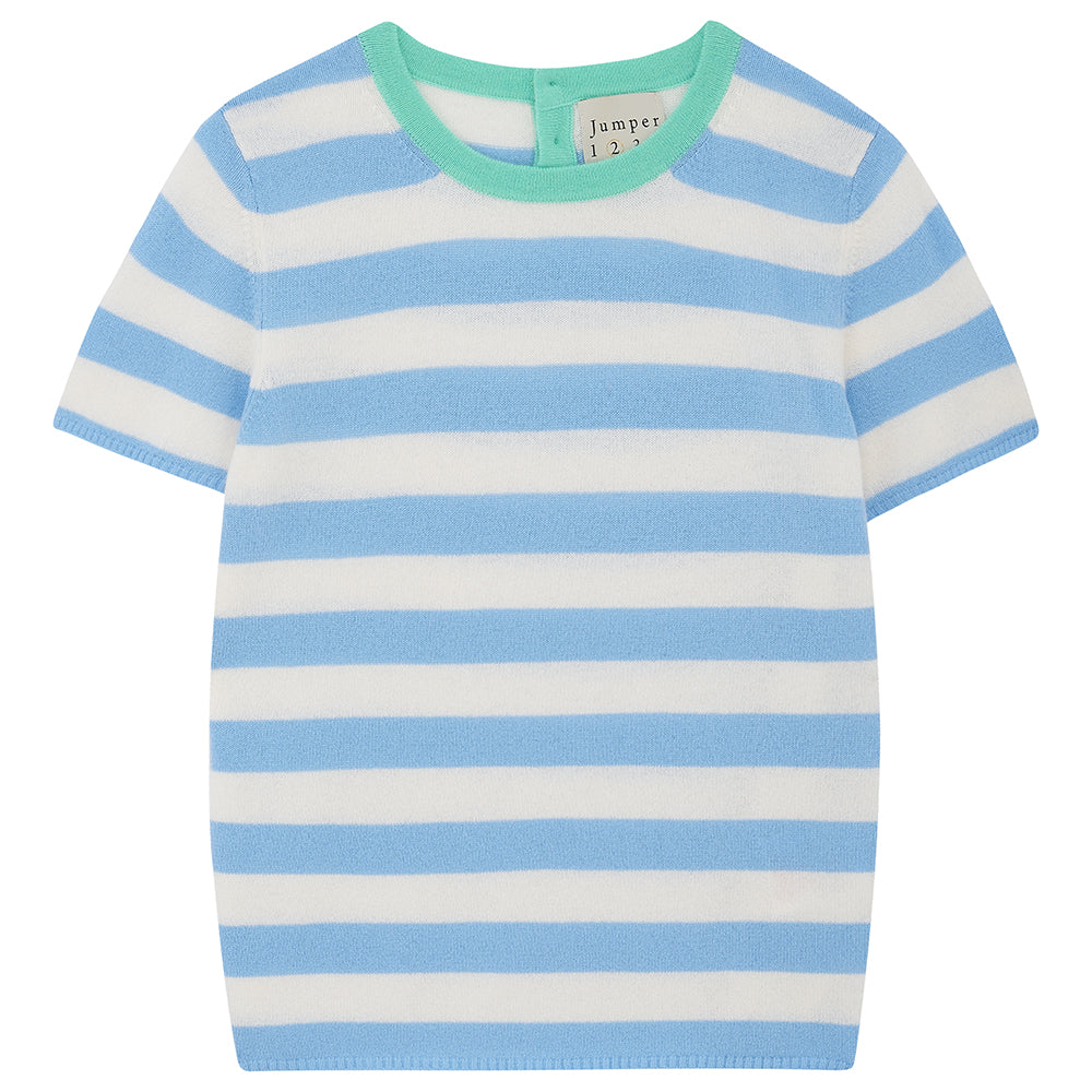 Jumper 1234 Short sleeve stripe cashmere crew neck jumper in blue and cream with a contrast rib neck in green. 