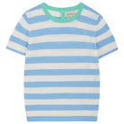 Jumper 1234 Short sleeve stripe cashmere crew neck jumper in blue and cream with a contrast rib neck in green. 