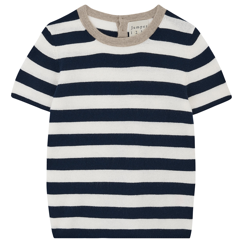 Jumper 1234 Short sleeve stripe cashmere crew neck jumper in navy and cream with a contrast rib neck in organic light brown.
