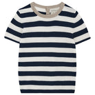 Jumper 1234 Short sleeve stripe cashmere crew neck jumper in navy and cream with a contrast rib neck in organic light brown.