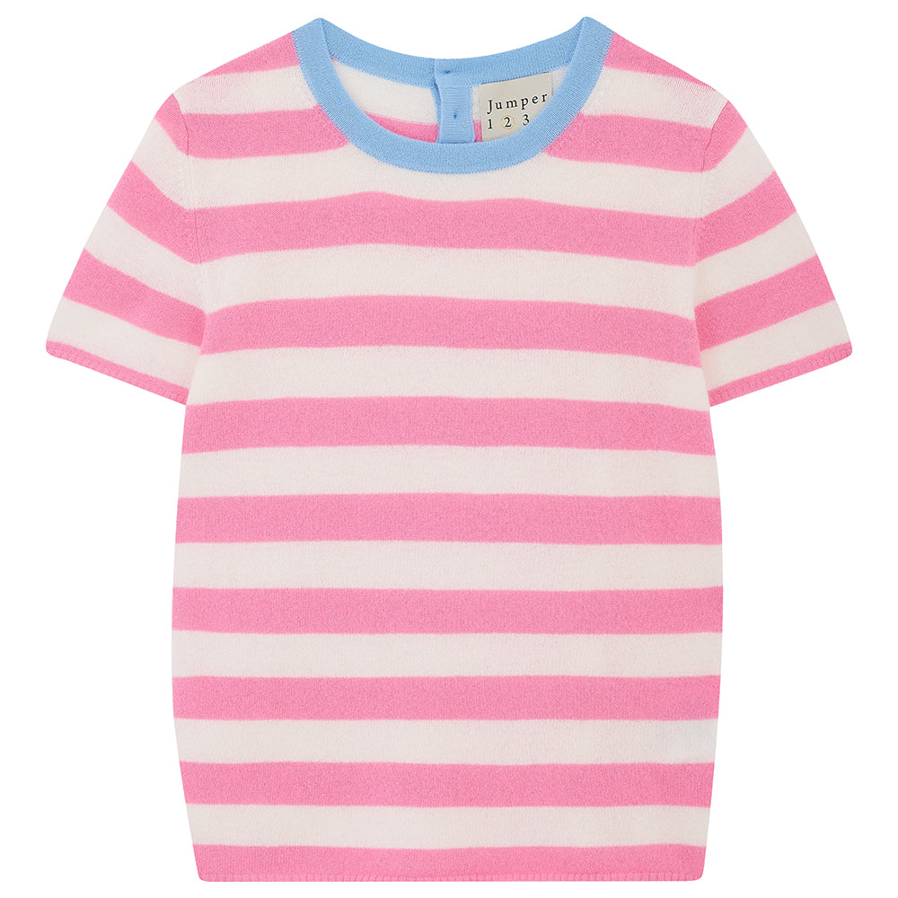 Jumper 1234 Short sleeve stripe cashmere crew neck jumper in pink and cream with a contrast rib neck in blue. 