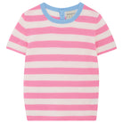 Jumper 1234 Short sleeve stripe cashmere crew neck jumper in pink and cream with a contrast rib neck in blue. 