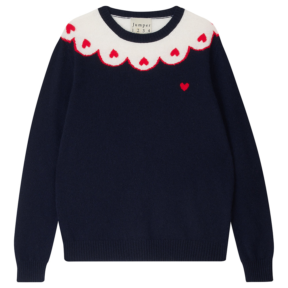 Jumper1234 navy cashmere crew neck with cream and red scalloped yolk detail with small red heart intarsia