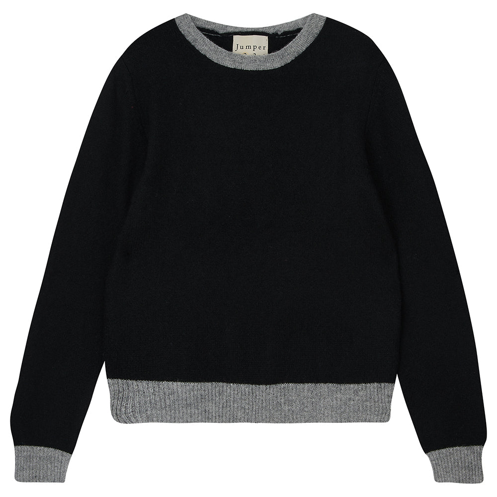 Jumper1234 black cashmere crew neck with mid grey ribs 