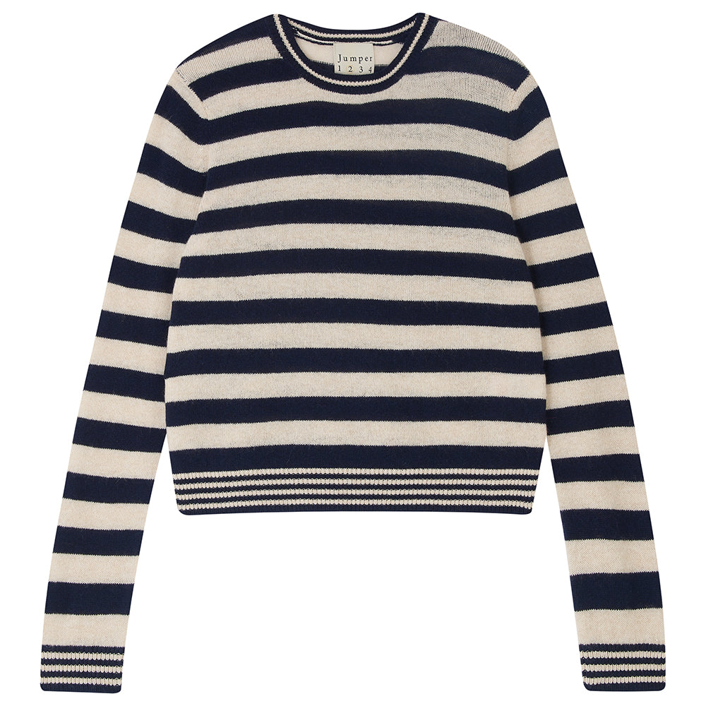Jumper 1234 navy and oatmeal stripe cashmere crew neck with navy and oatmeal striped ribs
