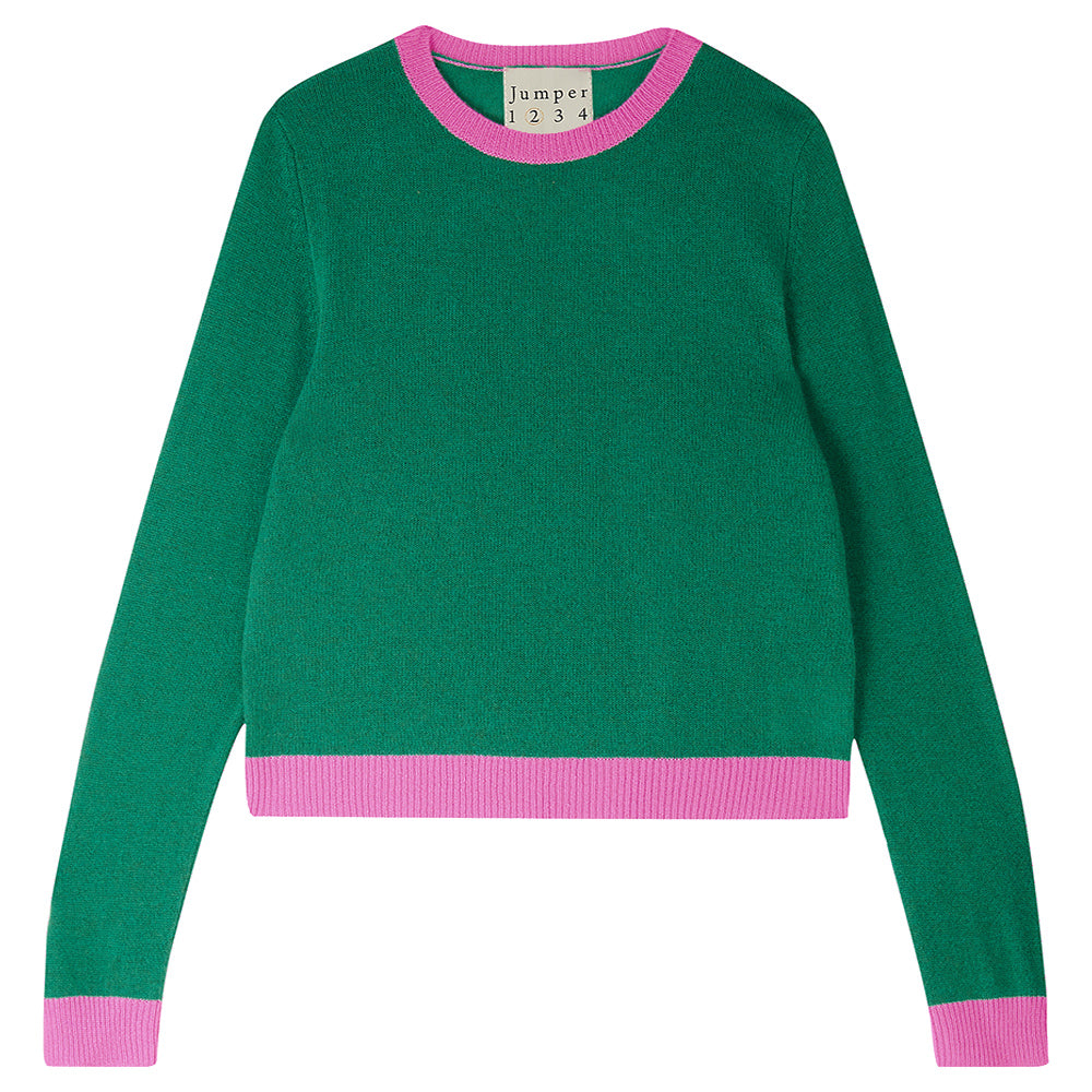 Jumper 1234 grass green cashmere crew neck with contrast peony pink ribs