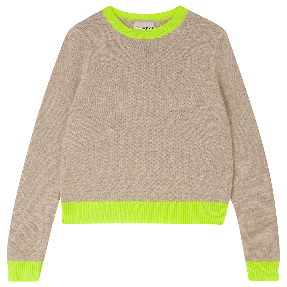 Jumper 1234 Organic Light Brown cashmere crew neck with contrast neon yellow ribs