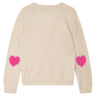 Jumper 1234 cashmere heart patch cardigan in oatmeal with hot pink heart elbow patches back view