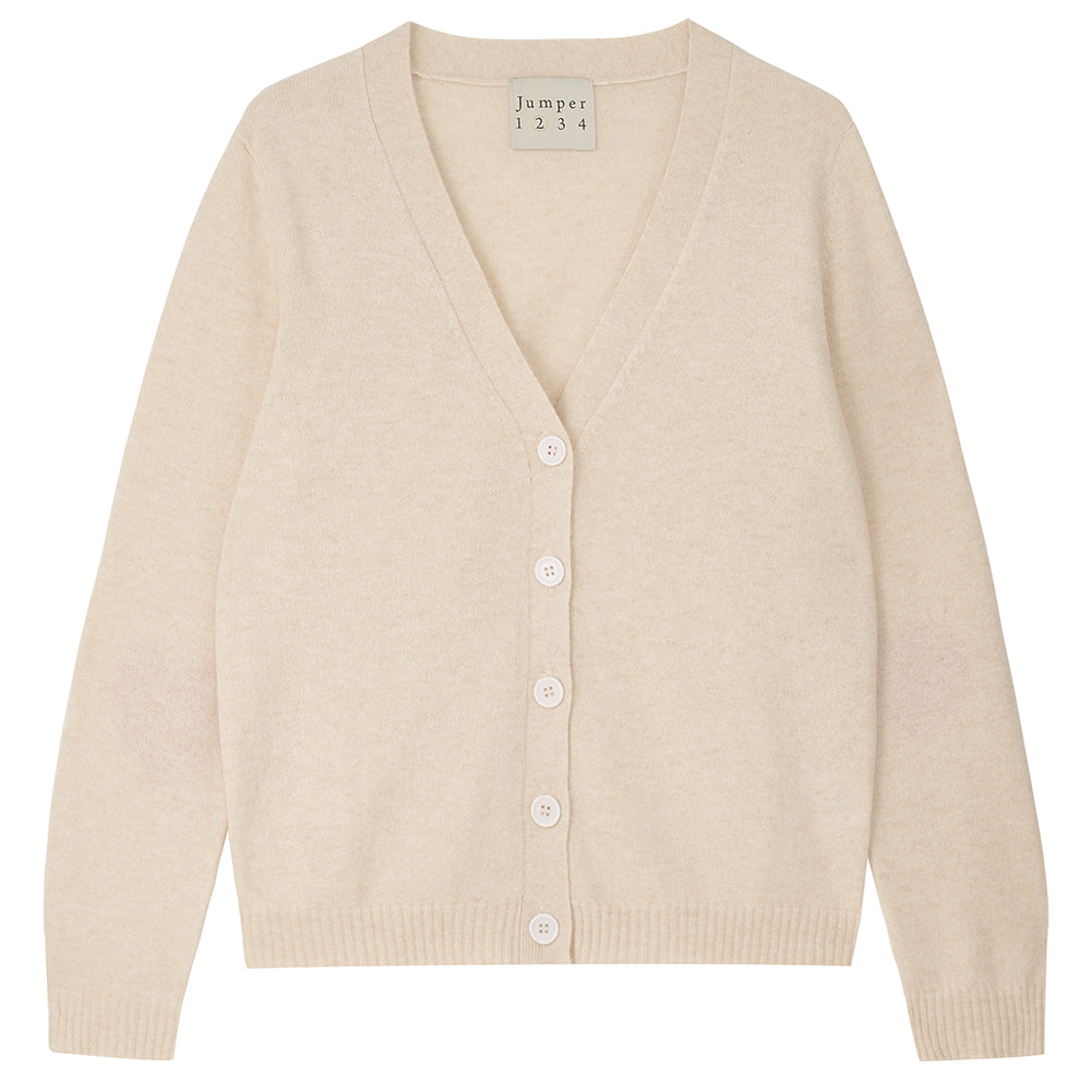 Jumper 1234 cashmere heart patch cardigan in oatmeal with hot pink heart elbow patches