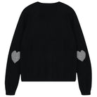 Jumper1234 black cashmere crew neck with mid grey heart patch details on the elbows
