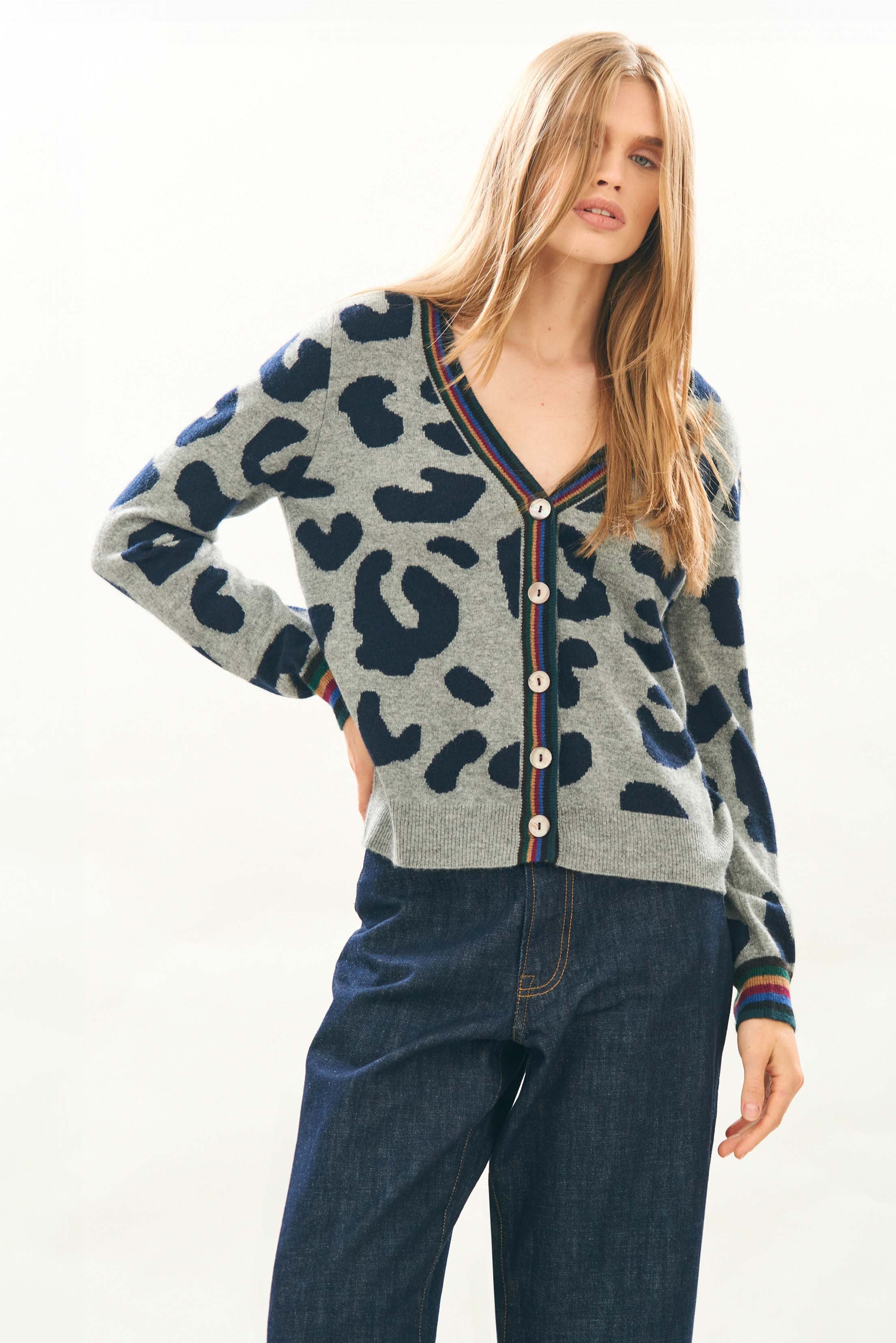 Cashmere Cardigan Rainbow Leopard Print Mid Grey & Navy