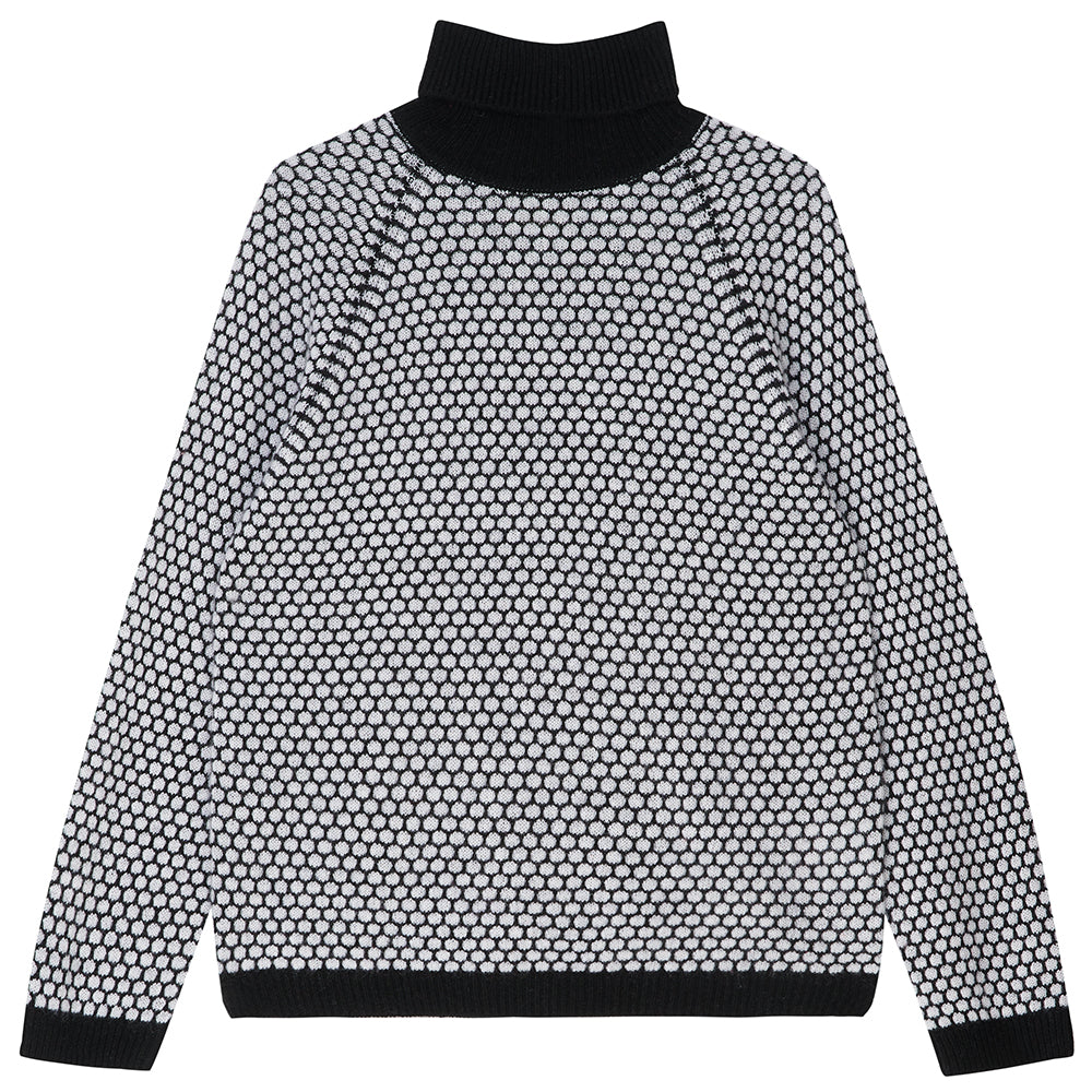 Jumper1234 "honeycomb" cashmere roll neck in black and pale grey circular contrast knit