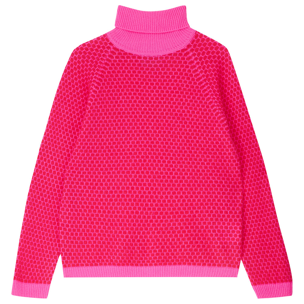 Jumper1234 "honeycomb" cashmere roll neck in hot pink and cherry circular contrast knit