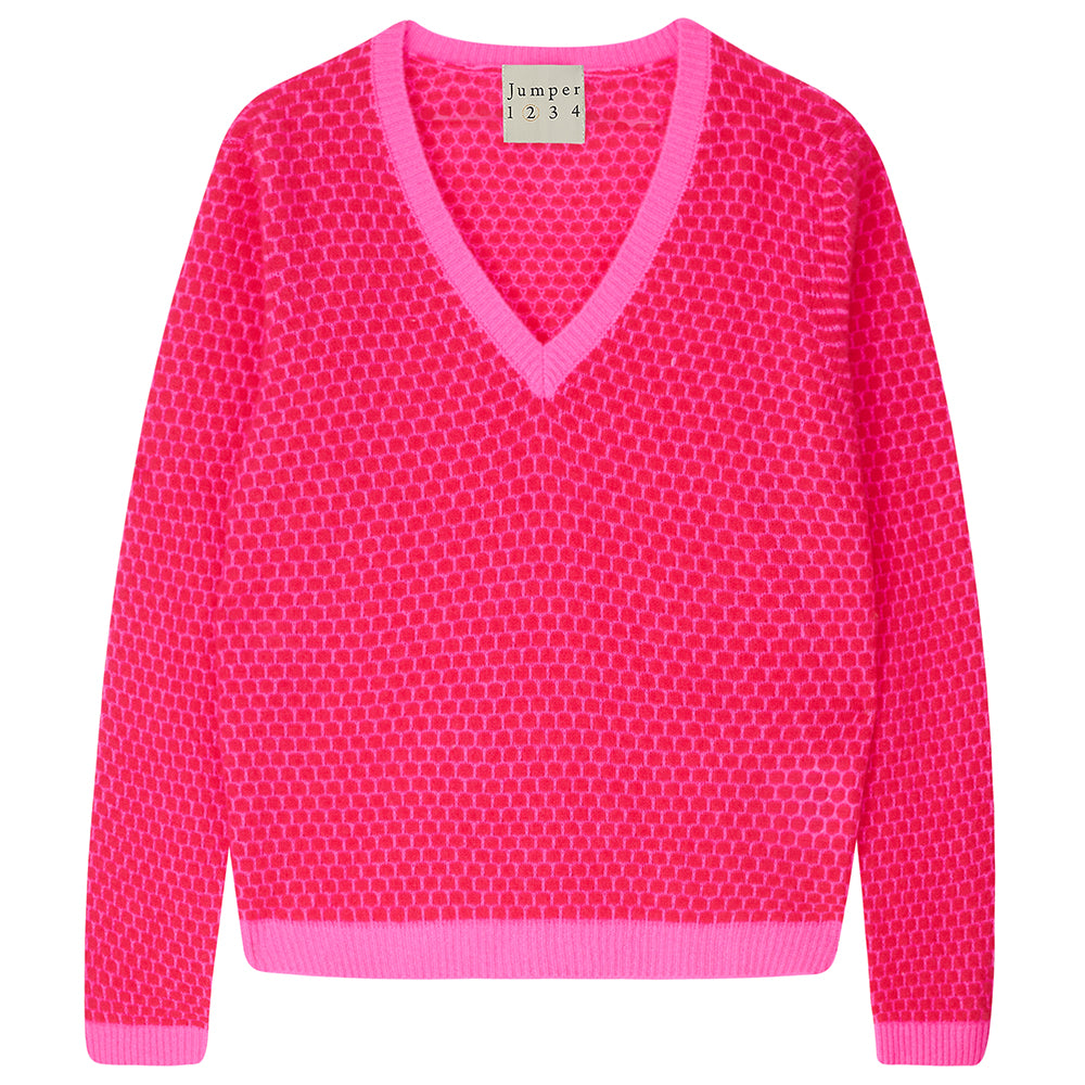 Jumper1234 "honeycomb" cashmere vee neck in hot pink and cherry circular contrast knit