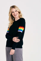 Blonde female model wearing Jumper1234 Rainbow arms cashmere crew in black