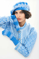 female model wearing jumper1234 Cashmere Wool Norse Cardigan in Cream and Sky close up 