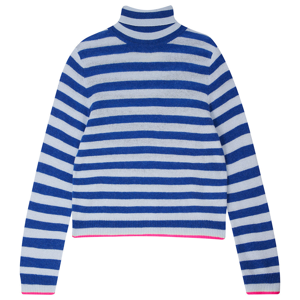 Jumper 1234 Denim and cement stripe cashmere roll neck with contrast hot pink ribs