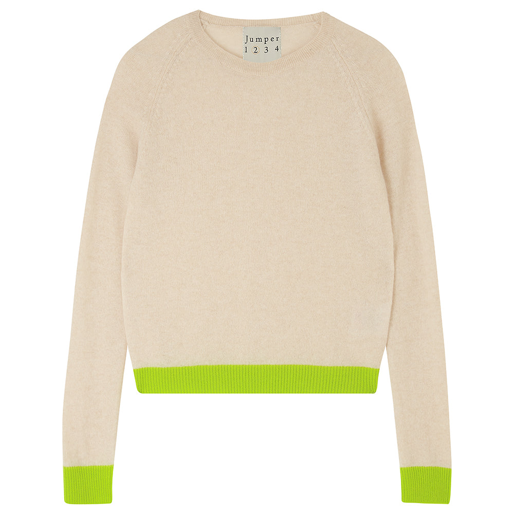 Jumper1234 oatmeal cashmere crew neck jumper with acid green contrast ribs