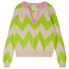 Jumper1234 Oatmeal and acid green zig zag stripe cashmere jumper, with rose pink trim open collar