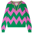 Jumper1234 Bright green and peony pink zig zag stripe cashmere jumper, with organic light brown trim open collar