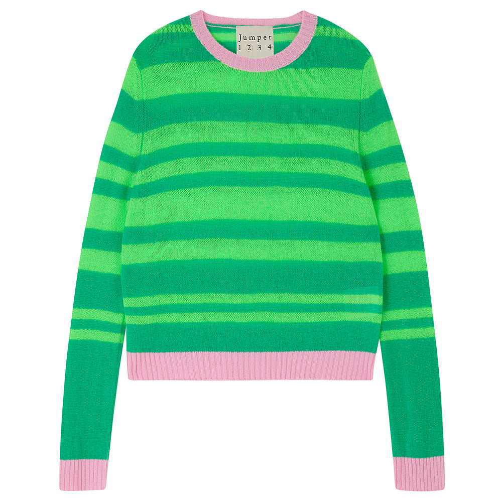 Jumper1234 bright green and neon green stripe crew neck cashmere jumper with rose pink contrast trims