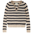Jumper1234 Oatmeal and navy stripe cashmere jumper with open collar in contrast organic light brown