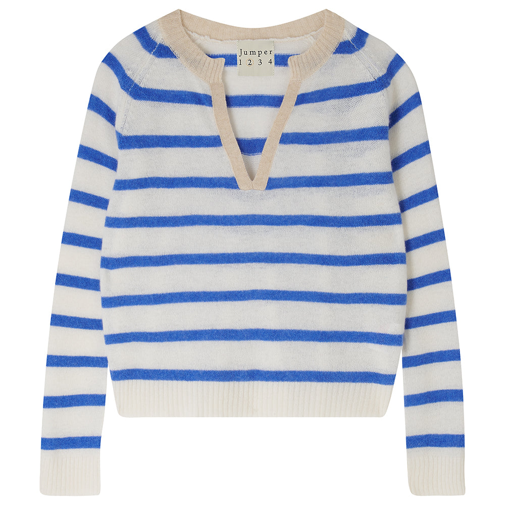 Jumper1234 Periwinkle blue and cream stripe cashmere jumper with open collar in contrast oatmeal