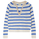 Jumper1234 Periwinkle blue and cream stripe cashmere jumper with open collar in contrast oatmeal