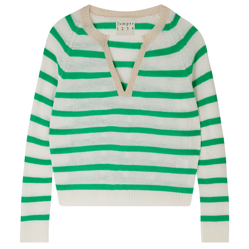 Jumper1234 Bright green and cream stripe cashmere jumper with open collar in contrast oatmeal
