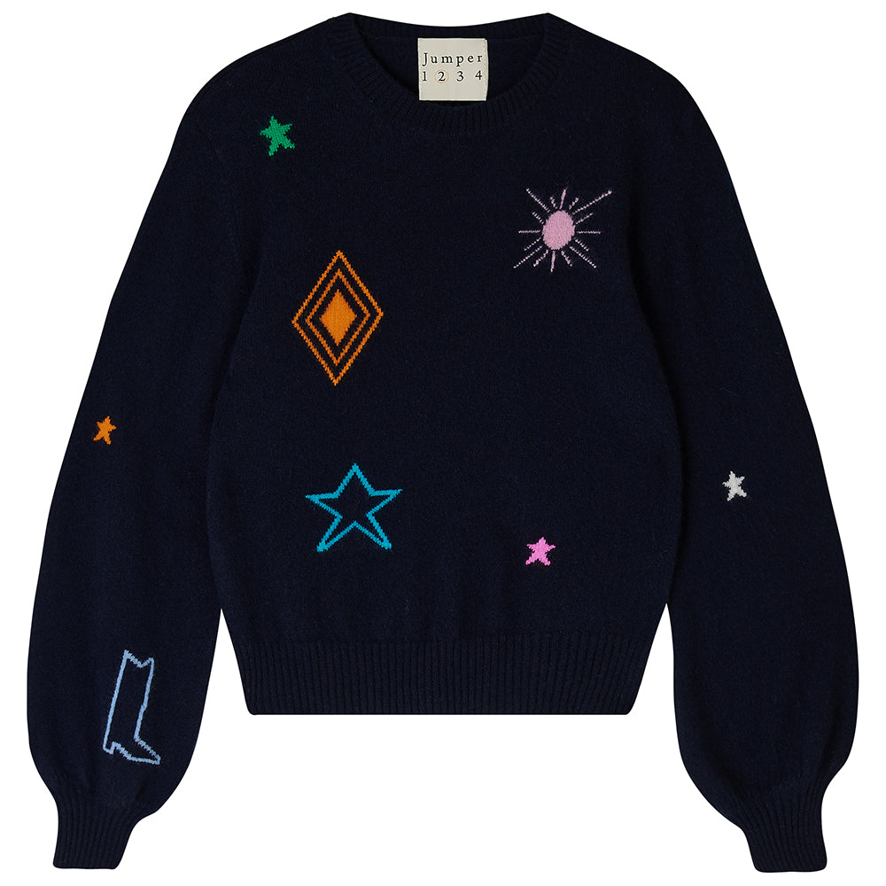 Jumper1234 Navy cashmere jumper with multi coloured cowboy icons back and front with slightly puff sleeves